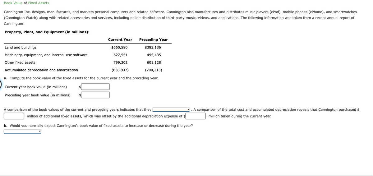 Book Value of Fixed Assets
Cannington Inc. designs, manufactures, and markets personal computers and related software. Cannington also manufactures and distributes music players (cPod), mobile phones (cPhone), and smartwatches
(Cannington Watch) along with related accessories and services, including online distribution of third-party music, videos, and applications. The following information was taken from a recent annual report of
Cannington:
Property, Plant, and Equipment (in millions):
Preceding Year
$383,136
$660,580
627,551
495,435
799,302
601,128
Accumulated depreciation and amortization
(838,937)
(700,215)
a. Compute the book value of the fixed assets for the current year and the preceding year.
Current year book value (in millions)
Preceding year book value (in millions)
Land and buildings
Machinery, equipment, and internal-use software
Current Year
Other fixed assets
A comparison of the book values of the current and preceding years indicates that they
million of additional fixed assets, which was offset by the additional depreciation expense of $
b. Would you normally expect Cannington's book value of fixed assets to increase or decrease during the year?
A comparison of the total cost and accumulated depreciation reveals that Cannington purchased $
million taken during the current year.