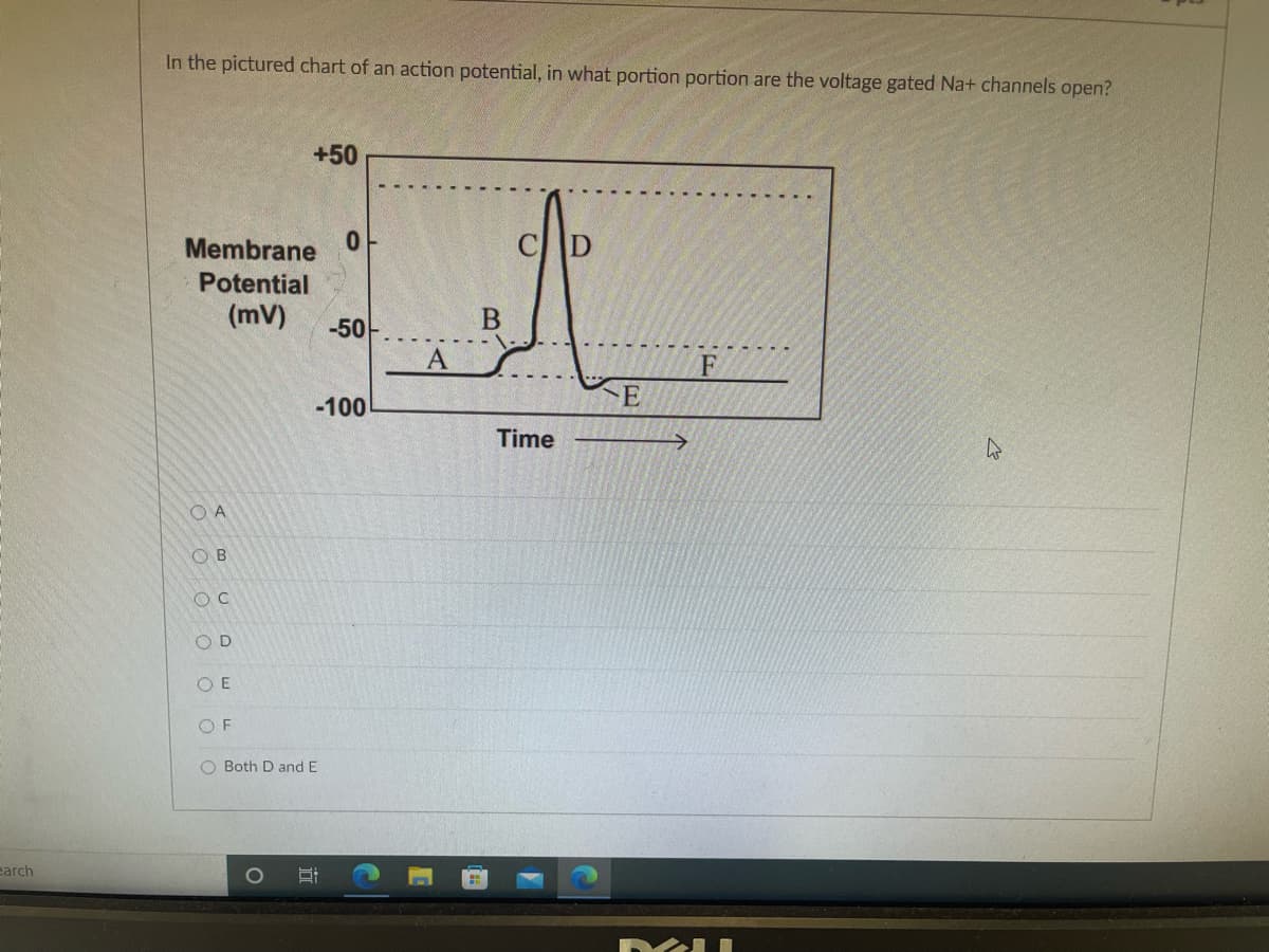 In the pictured chart of an action potential, in what portion portion are the voltage gated Na+ channels open?
+50
Membrane
Potential
(mV)
-50
B
F
E
-100
Time
O A
O B
O D
O E
O F
O Both D and E
earch
