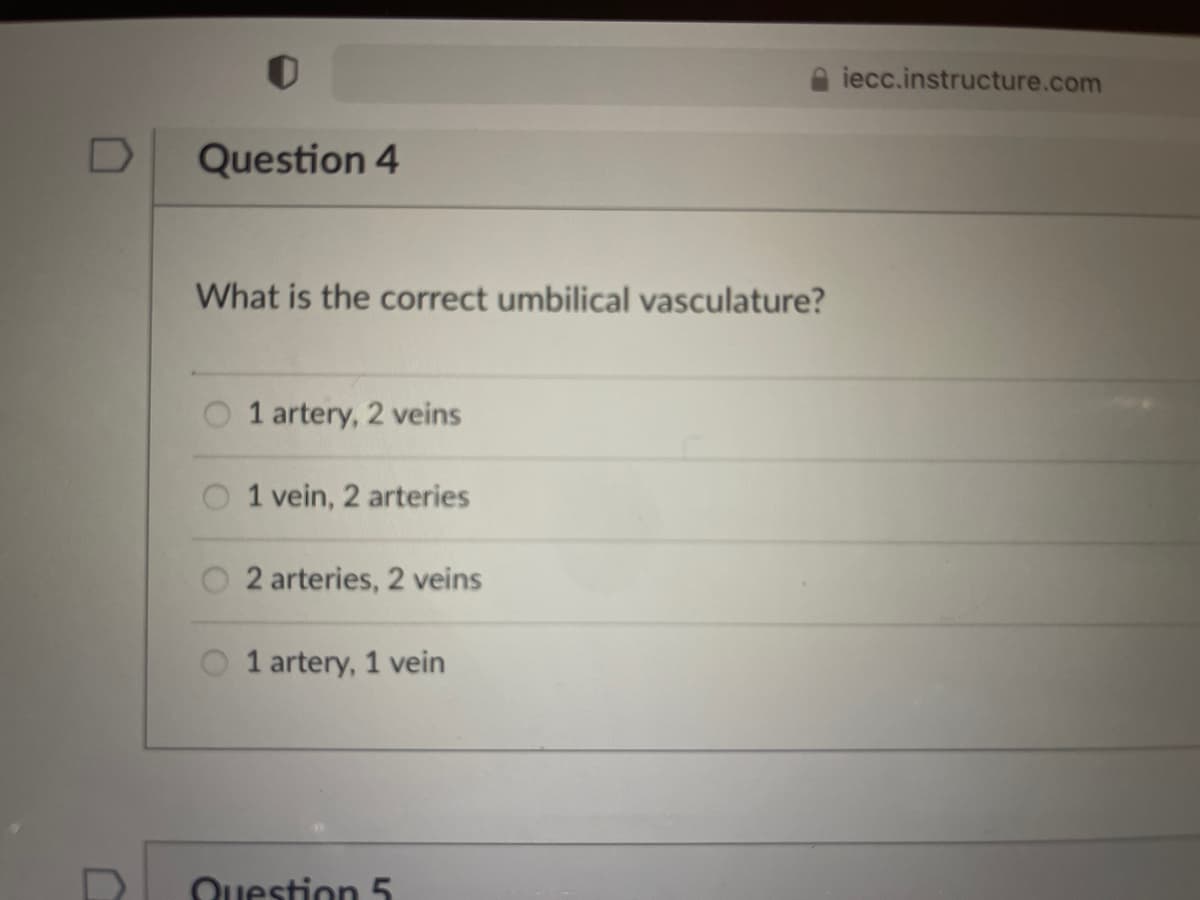 iecc.instructure.com
Question 4
What is the correct umbilical vasculature?
1 artery, 2 veins
1 vein, 2 arteries
2 arteries, 2 veins
1 artery, 1 vein
Question 5

