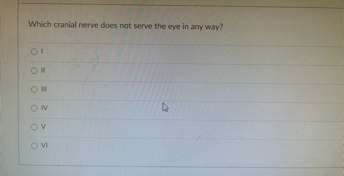 Which cranial nerve does not serve the eye in any way?
01
O II
VI
