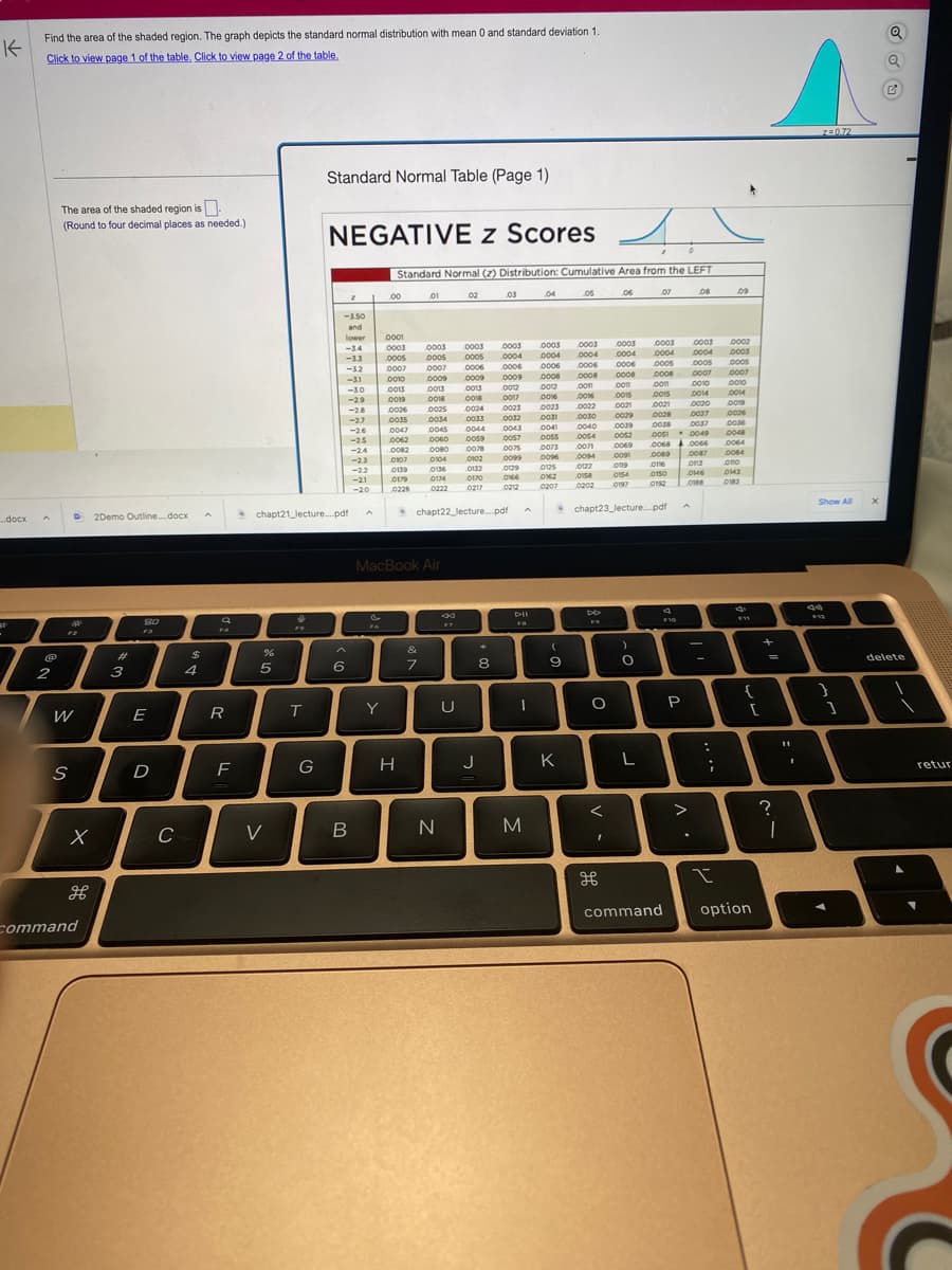 K
Find the area of the shaded region. The graph depicts the standard normal distribution with mean 0 and standard deviation 1.
Click to view page 1 of the table. Click to view page 2 of the table.
..docx
d
@
2
The area of the shaded region is
(Round to four decimal places as needed.)
D2Demo Outline...docx
S
344
W
X
H
command
3
80
1
F3
E
D
C
$
4
A
Q
R
F
%
5
V
chapt21 lecture....pdf
4
T
Standard Normal Table (Page 1)
G
NEGATIVE z Scores
-3.50
and
lower
-3.4
-3.3
-3.2
-31
-3.0
-2.9
-2.8
-27
-26
-2.5
-24
z
6
B
-2.3
-22
-21
-20
4
Standard Normal (2) Distribution: Cumulative Area from the LEFT
06
Y
.00
0001
0003
0005
0007
0010
0013
COM
0019
0026
0035
0047
0062
0082
0107
0139
0179
0226
H
.01
&
7
MacBook Air
0025
0034
0045 0044
0060
0059
0080 0078
0102
0132
0170
0217
0104
0136
0174
0222
0003
0003
000
0005
0005
0007
0006
0009
0009
0009
0013
0013
0012
0018
0018
0017
2018
0023
0024
0033
0032
0043
0057
0075
0099
N
02
chapt22_lecture....pdf
8
F7
U
03
J
0003
0004
0006
★
8
0129
0166
0212
A
DII
FB
I
M
04
0003
0004
1000%
0006
0008
0012
0016
0023
0031
0041
0073
0096
DIM
0125
0162
0207
N
0055 0054
0071
(
9
05
K
0003
0004
0006
0008
com
.COM
0022
*****
0030
0040
0094
0122
0158
0202
DD
F9
O
I
дв
0003
0003
0004 0004
0006
0005
0008
.com
0015
0021
0029
0039
0052
0069
0091
0119
0154
0197
chapt23_lecture....pdf
07
)
O
L
0006
com
0015
0021
0028
com
0038
0051
0069
0176
0150
0192
F10
00680066
0087
0113
0146
0168
P
08
>
0003
0004
0005
0007
0010
0014
0020
0027
0037
0049
0049
:
;
09
0002
0003
0005
0007
0010
0014
0019
0026
0036
0048
0064
0084
OTO
0143
0183
d
FI
{
[
t
command option
+
=
?
1
11
Z=0.72
Show All
F12
}
1
X
delete
retur