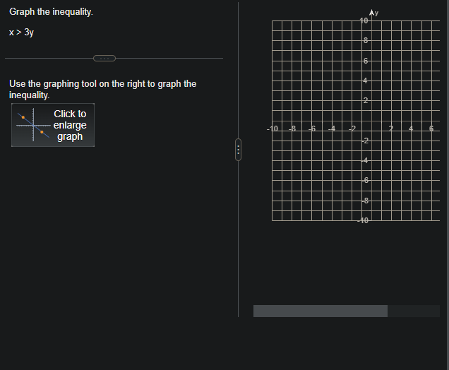 Graph the inequality.
x > 3y
Use the graphing tool on the right to graph the
inequality.
Click to
enlarge
graph
to
10
&
6
-6
&
to