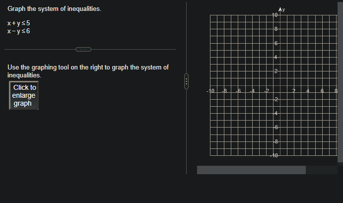 Graph the system of inequalities.
x+y≤5
x-y≤6
Use the graphing tool on the right to graph the system of
inequalities.
Click to
enlarge
graph
10
40
8
+8
40
