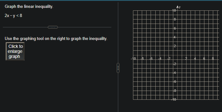 Graph the linear inequality.
2x-y<8
Use the graphing tool on the right to graph the inequality.
Click to
enlarge
graph
-10
8
2
+6
8
to