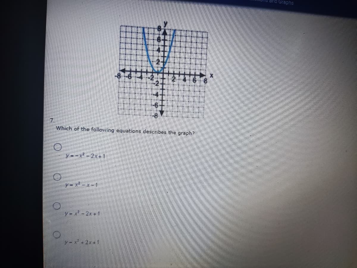 and Graphs
-8
7.
Which of the following equations describes the graph?
y--x-2x+1
y-x-x-1
y--2x +1
y-x2x 1
