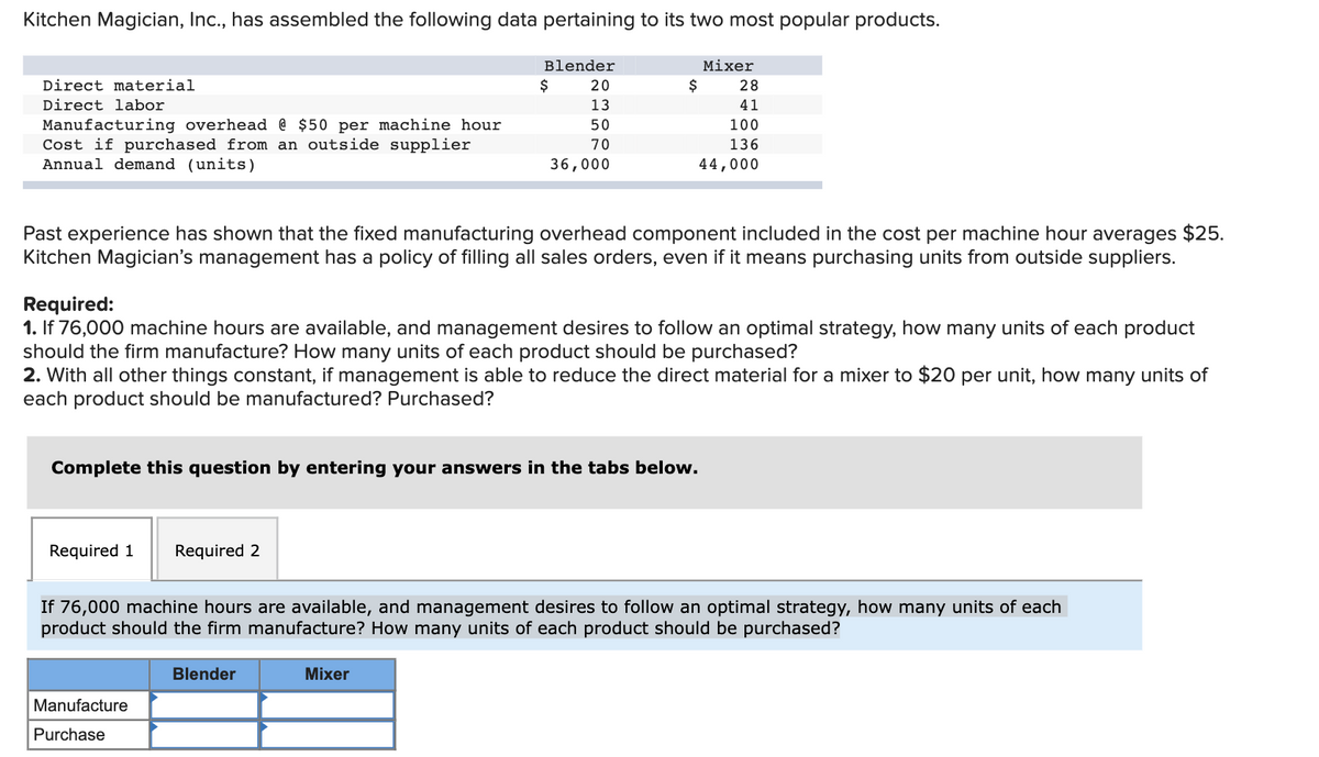 Kitchen Magician, Inc., has assembled the following data pertaining to its two most popular products.
Blender
Mixer
Direct material
$
20
$
28
Direct labor
13
41
Manufacturing overhead @ $50 per machine hour
Cost if purchased from an outside supplier
Annual demand (units)
50
100
70
136
36,000
44,000
Past experience has shown that the fixed manufacturing overhead component included in the cost per machine hour averages $25.
Kitchen Magician's management has a policy of filling all sales orders, even if it means purchasing units from outside suppliers.
Required:
1. If 76,000 machine hours are available, and management desires to follow an optimal strategy, how many units of each product
should the firm manufacture? How many units of each product should be purchased?
2. With all other things constant, if management is able to reduce the direct material for a mixer to $20 per unit, how many units of
each product should be manufactured? Purchased?
Complete this question by entering your answers in the tabs below.
Required 1
Required 2
If 76,000 machine hours are available, and management desires to follow an optimal strategy, how many units of each
product should the firm manufacture? How many units of each product should be purchased?
Blender
Mixer
Manufacture
Purchase
