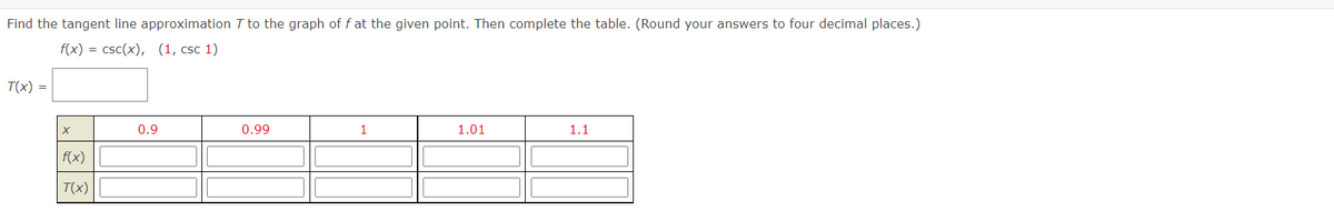 Find the tangent line approximation 7 to the graph of f at the given point. Then complete the table. (Round your answers to four decimal places.)
f(x) = csc(x), (1, csc 1)
T(x) =
X
f(x)
T(x)
0.9
0.99
1
1.01
1.1