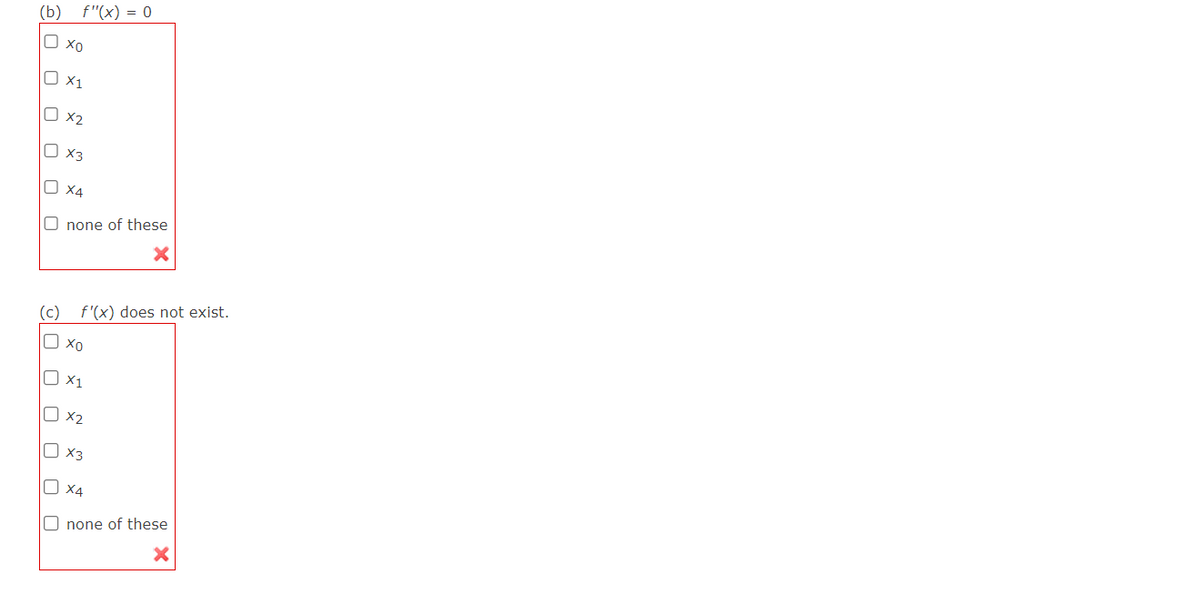 (b)
O xo
0 x1
□ x2
f"(x) = 0
U
X3
O none of these
X4
(c) f'(x) does not exist.
D xo
U
X1
0x2
☐ X3
X4
O none of these