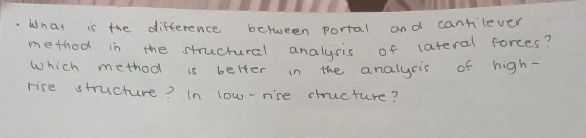 a
What
method
which
tise
is the difference
the structural
better
method
structure? In
IS
between portal
low
an d
of
the analysis
analysis
in
rise structure?
cantilever
lateral forces?
of
high-