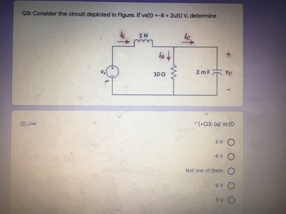 Q3: Consider the circult deplcted in Flgure. If vs(t) =-8 + 2u(t) V, determine
1 H
iR
V.
10 0
2 m F
VC
(2)
* (+Q3: (a) Vc(0
6 V O
-6 V O
Not one of them O
-8 V
8 V
