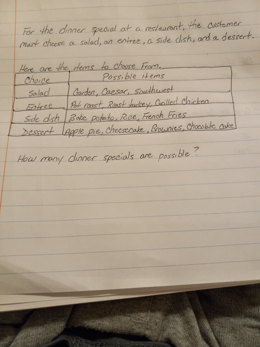 For the dinner special at a reslaurant, the Customer
Must choose a salad, an entree, a side dish, and a dessert.
Here are Hhe tems to choose From
Choice
Salad
Possible items
Garden, Caesar,Southwest
Pot roast Ranst fuckey, Goilled chicken
Entree
Side dish Boke potato, Rice, French Fries
Dessert
LApple
pie,
Cheesecake, Brownies, Chocobte cake
How many
dinner specials are
possible?
