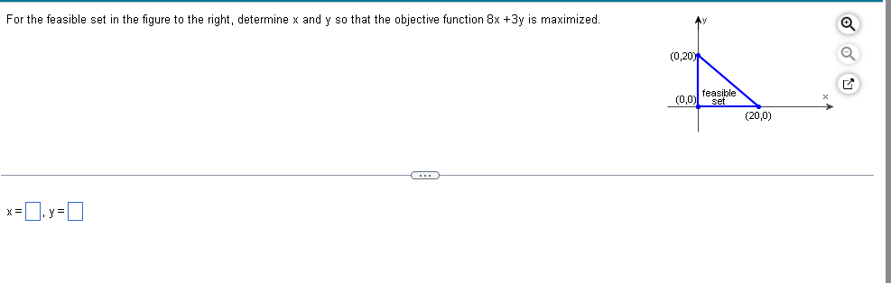 For the feasible set in the figure to the right, determine x and y so that the objective function 8x +3y is maximized.
(0,20)
x=
x-J.y-O
=
feasible
(0,0) set
(20,0)
Q