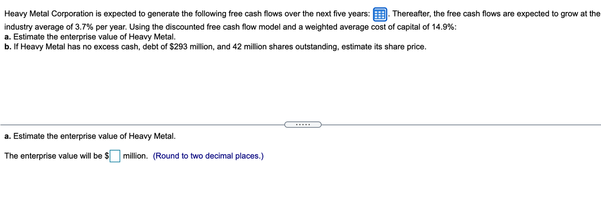 Heavy Metal Corporation is expected to generate the following free cash flows over the next five years: . Thereafter, the free cash flows are expected to grow at the
industry average of 3.7% per year. Using the discounted free cash flow model and a weighted average cost of capital of 14.9%:
a. Estimate the enterprise value of Heavy Metal.
b. If Heavy Metal has no excess cash, debt of $293 million, and 42 million shares outstanding, estimate its share price.
.....
a. Estimate the enterprise value of Heavy Metal.
The enterprise value will be $
million. (Round to two decimal places.)
