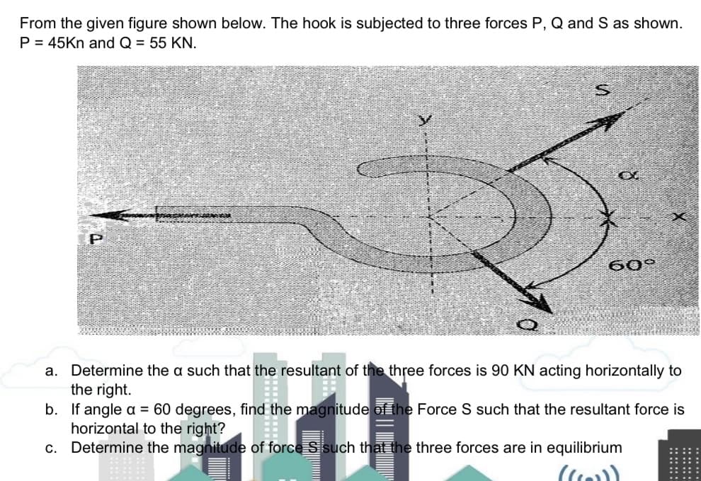 From the given figure shown below. The hook is subjected to three forces P, Q and S as shown.
P = 45Kn and Q = 55 KN.
P
60°
a. Determine the a such that the resultant of the three forces is 90 KN acting horizontally to
the right.
b. If angle a = 60 degrees, find the magnitude ef the Force S such that the resultant force is
horizontal to the right?
c. Determine the magnitude of force S such that the three forces are in equilibrium
::::::
:: :::::
