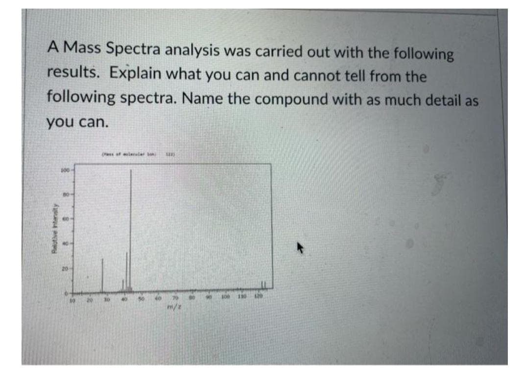 A Mass Spectra analysis was carried out with the following
results. Explain what you can and cannot tell from the
following spectra. Name the compound with as much detail as
you can.
(Mass of leruler la
100
20
70
90
100
120
20
