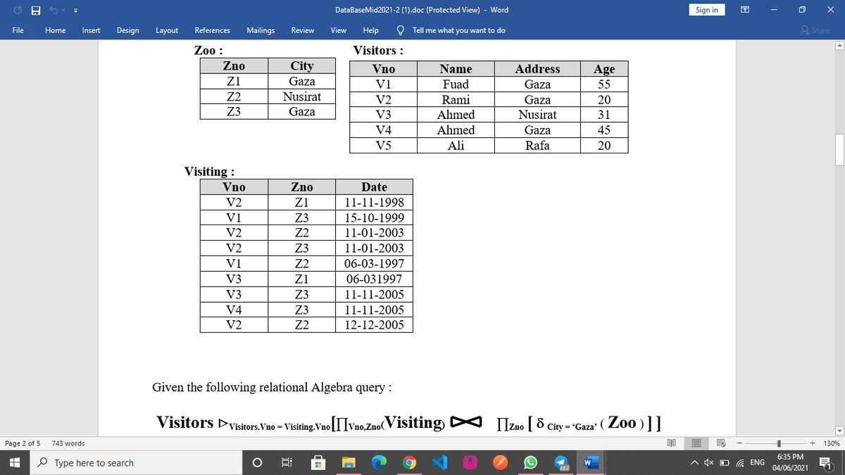 DataBaseMid2021-2 (1).doc (Protected View) - Word
Sign in
File
Home
Insert
Design
Layout
References
Mailings
Review
View
Help
O Tell me what you want to do
& Share
Zoo :
Visitors :
Zno
City
Vno
Name
Address
Age
Z1
Gaza
V1
Fuad
Gaza
55
Z2
Nusirat
V2
Rami
Gaza
20
Z3
Gaza
V3
Ahmed
Nusirat
31
V4
Ahmed
Gaza
45
V5
Ali
Rafa
20
Visiting :
Vno
Zno
Date
V2
Z1
11-11-1998
Vi
Z3
15-10-1999
V2
Z2
11-01-2003
V2
Z3
11-01-2003
V1
Z2
06-03-1997
V3
Z1
06-031997
V3
Z3
11-11-2005
V4
Z3
11-11-2005
V2
Z2
12-12-2005
Given the following relational Algebra query :
Visitors DVisitors.Vno = Visiting.Vno|
Vno[TIvno,Zno( Visiting
IZno [ 8 City = "Gaza' ( Zoo )]]
Page 2 of 5
743 words
130%
6:35 PM
P Type here to search
A 4x O G ENG
04/06/2021
