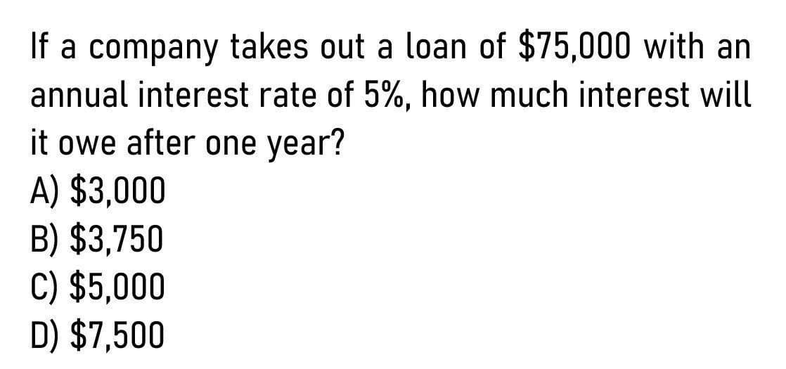 If a company takes out a loan of $75,000 with an
annual interest rate of 5%, how much interest will
it owe after one year?
A) $3,000
B) $3,750
C) $5,000
D) $7,500