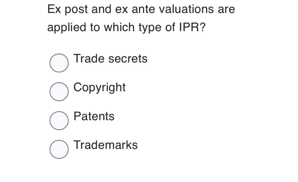 Ex post and ex ante valuations are
applied to which type of IPR?
Trade secrets
Copyright
Patents
Trademarks