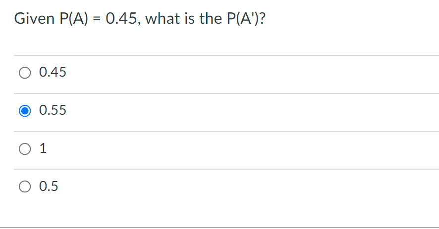 Given P(A) = 0.45, what is the P(A')?
%3D
0.45
0.55
O 1
0.5
