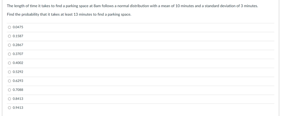 The length of time it takes to find a parking space at 8am follows a normal distribution with a mean of 10 minutes and a standard deviation of 3 minutes.
Find the probability that it takes at least 13 minutes to find a parking space.
0.0475
0.1587
0.2867
0.3707
0.4002
0.5292
0.6293
0.7088
0.8413
0.9413
