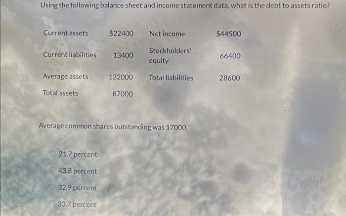 Using the following balance sheet and income statement data, what is the debt to assets ratio?
Current assets $22400
Current liabilities 13400
Average assets
Total assets
132000
87000
21.7 percent
43.8 percent
32.9 percent
33.7 percent
Net income
Stockholders.
equity
Total liabilities
Average common shares outstanding was 17000.
$44500
66400
28600