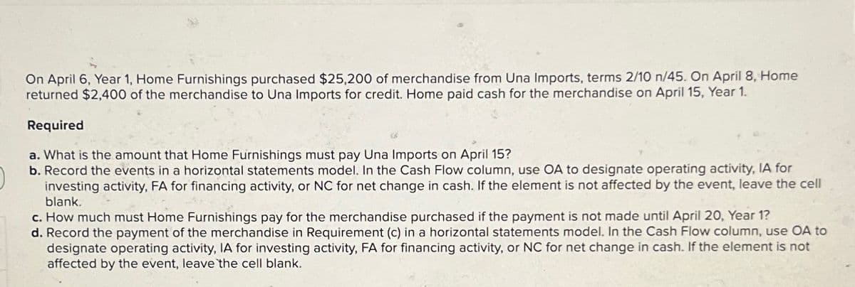 On April 6, Year 1, Home Furnishings purchased $25,200 of merchandise from Una Imports, terms 2/10 n/45. On April 8, Home
returned $2,400 of the merchandise to Una Imports for credit. Home paid cash for the merchandise on April 15, Year 1.
Required
a. What is the amount that Home Furnishings must pay Una Imports on April 15?
b. Record the events in a horizontal statements model. In the Cash Flow column, use OA to designate operating activity, IA for
investing activity, FA for financing activity, or NC for net change in cash. If the element is not affected by the event, leave the cell
blank.
c. How much must Home Furnishings pay for the merchandise purchased if the payment is not made until April 20, Year 1?
d. Record the payment of the merchandise in Requirement (c) in a horizontal statements model. In the Cash Flow column, use OA to
designate operating activity, IA for investing activity, FA for financing activity, or NC for net change in cash. If the element is not
affected by the event, leave the cell blank.