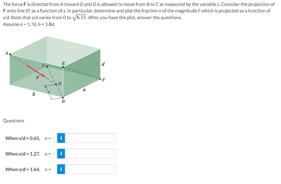 The force F is directed from A toward D and D is allowed to move from B to C as measured by the variables. Consider the projection of
Fonto line EF as a function of s. In particular, determine and plot the fraction n of the magnitude F which is projected as a function of
s/d. Note that s/d varies from 0 to √√6.13. After you have the plot, answer the questions.
Assume a = 1.7d, b = 1.8d.
A.
d
C
b
F
C
Questions
When s/d = 0.65, n=
When s/d = 1.27, n=
When s/d = 1.64, n=
o
E
B
i
i
F