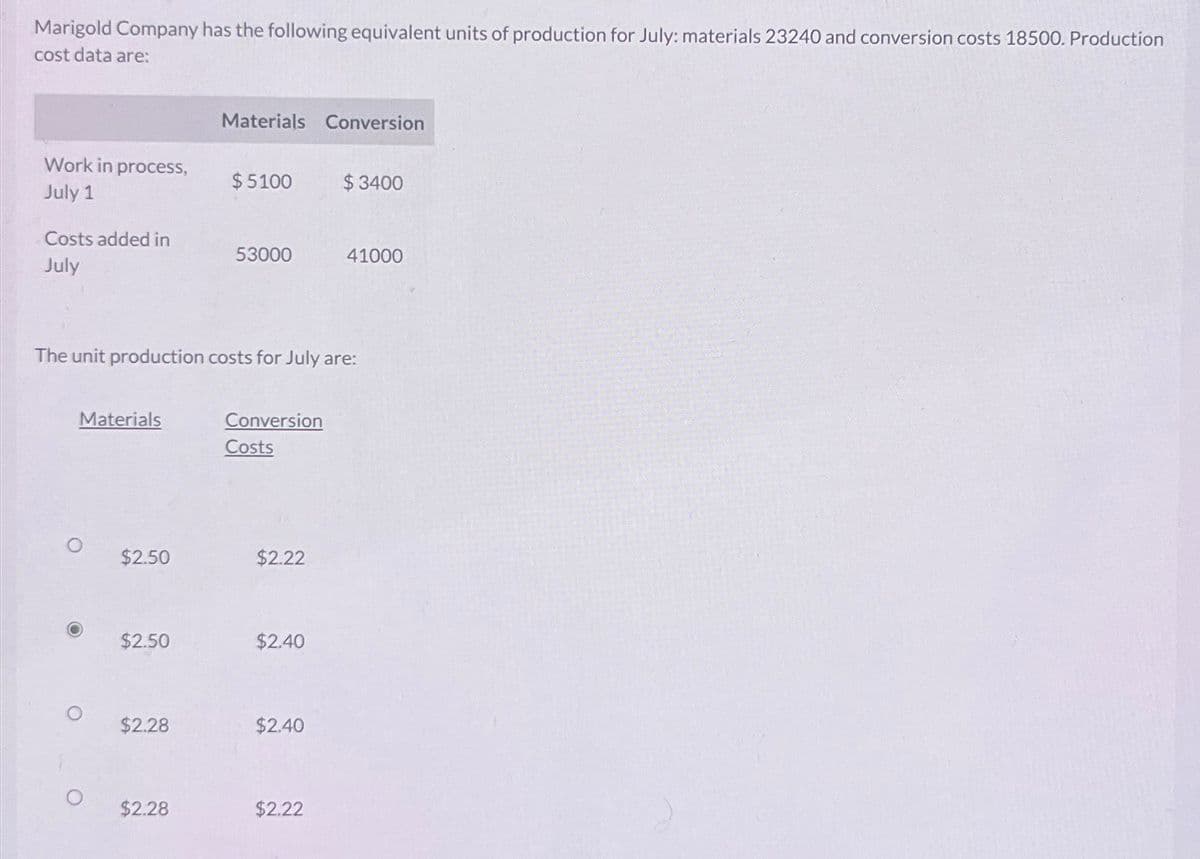 Marigold Company has the following equivalent units of production for July: materials 23240 and conversion costs 18500. Production
cost data are:
Work in process,
July 1
Costs added in
July
Materials
$2.50
$2.50
$2.28
Materials Conversion
The unit production costs for July are:
$2.28
$5100
53000
Conversion
Costs
$2.22
$2.40
$2.40
$3400
$2.22
41000