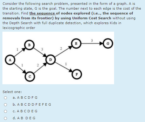 Consider the following search problem, presented in the form of a graph. A is
the starting state, G is the goal. The number next to each edge is the cost of the
transition. Find the sequence of nodes explored (i.e., the sequence of
removals from its frontier) by using Uniform Cost Search without using
the Depth Search with full duplicate detection, which explores Kids in
lexicographic order
3
E
Select one:
а. А ВСDFG
b. ABCDDFEFEG
с. А В СDE G
d. AB DEG
