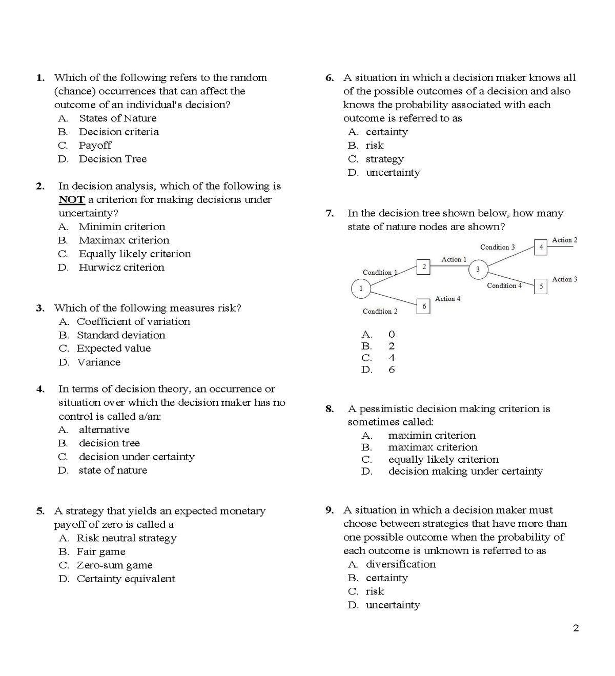 1. Which of the following refers to the random
6. A situation in which a decision maker knows all
of the possible outcomes of a decision and also
knows the probability associated with each
outcome is referred to as
(chance) occurrences that can affect the
outcome of an individual's decision?
A. States of Nature
A. certainty
В. risk
В.
Decision criteria
С. Раyoff
D. Decision Tree
C. strategy
D. uncertainty
In decision analysis, which of the following is
NOT a criterion for making decisions under
2.
In the decision tree shown below, how many
uncertainty?
A. Minimin criterion
7.
state of nature nodes are shown?
В.
Maximax criterion
Action 2
4
Condition 3
C. Equally likely criterion
D. Hurwicz criterion
Action 1
3
Condition 1
Action 3
5
Condition 4
Action 4
3. Which of the following measures risk?
A. Coefficient of variation
B. Standard deviation
Condition 2
A.
C. Expected value
В.
С.
4
D. Variance
D.
4.
In terms of decision theory, an occurrence or
situation over which the decision maker has no
8.
A pessimistic decision making criterion is
control is called a/an:
sometimes called:
A. alternative
A.
maximin criterion
В.
decision tree
В.
maximax criterion
C.
decision under certainty
C.
equally likely criterion
D.
state of nature
D.
decision making under certainty
5. A strategy that yields an expected monetary
9. A situation in which a decision maker must
payoff of zero is called a
A. Risk neutral strategy
choose between strategies that have more than
one possible outcome when the probability of
B. Fair game
each outcome is unknown is referred to as
A. diversification
B. certainty
C. risk
C. Zero-sum game
D. Certainty equivalent
D. uncertainty
2
