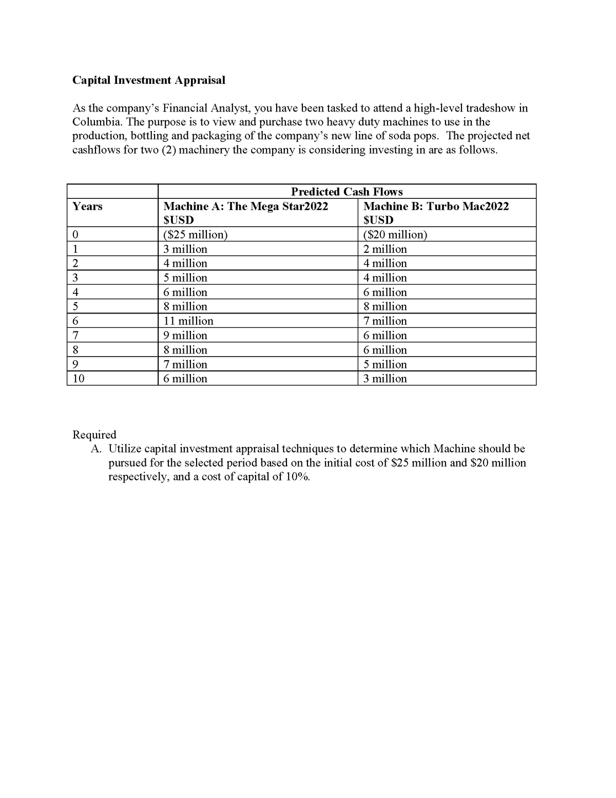Capital Investment Appraisal
As the company's Financial Analyst, you have been tasked to attend a high-level tradeshow in
Columbia. The purpose is to view and purchase two heavy duty machines to use in the
production, bottling and packaging of the company's new line of soda pops. The projected net
cashflows for two (2) machinery the company is considering investing in are as follows.
Predicted Cash Flows
Years
Machine A: The Mega Star2022
$USD
Machine B: Turbo Mac2022
$USD
($25 million)
($20 million)
1
3 million
2 million
2
4 million
4 million
3
5 million
4 million
6 million
8 million
7 million
6 million
5
8 million
6.
11 million
7
9 million
6 million
8 million
7 million
6 million
8
6 million
9.
5 million
10
3 million
Required
A. Utilize capital investment appraisal techniques to determine which Machine should be
pursued for the selected period based on the initial cost of $25 million and $20 million
respectively, and a cost of capital of 10%.
