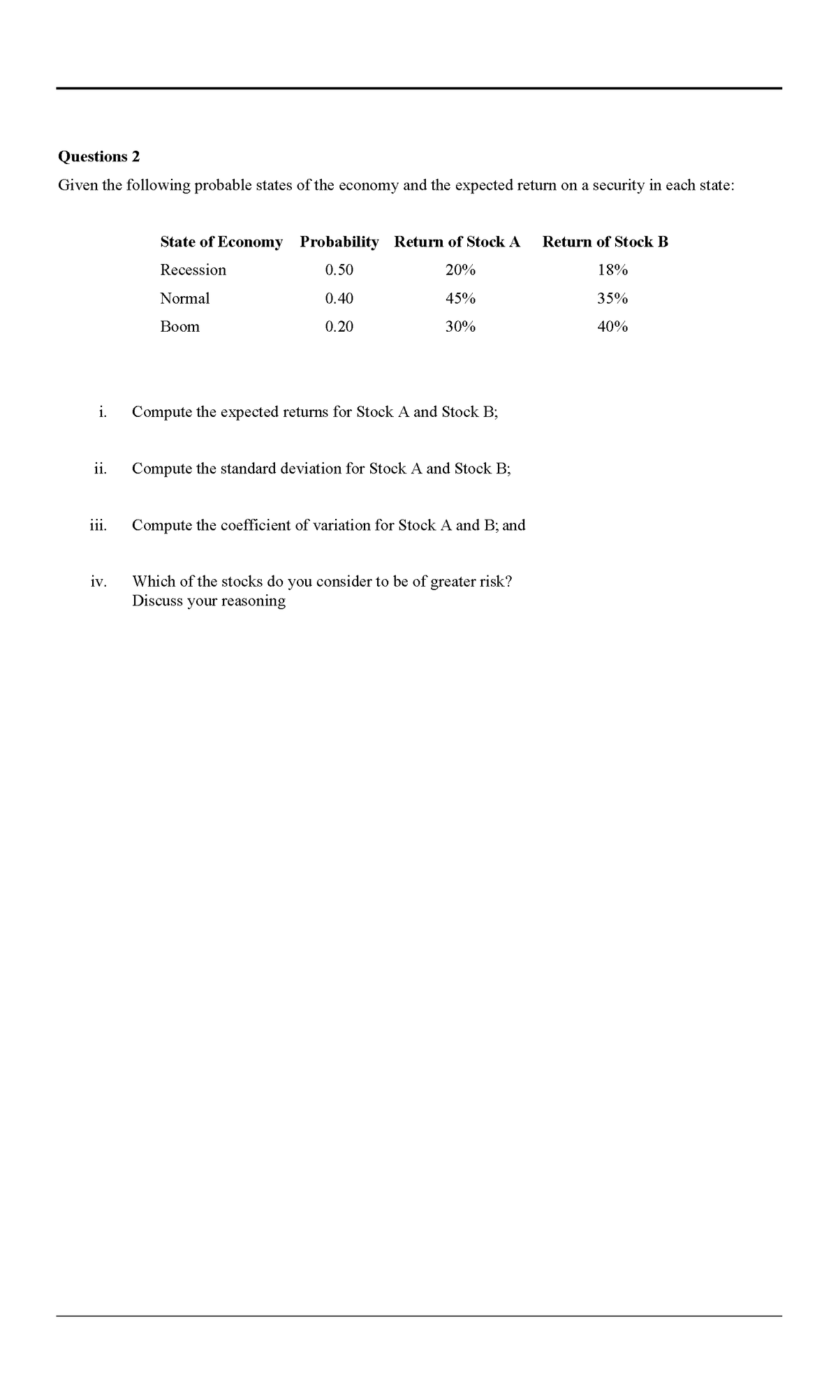 Questions 2
Given the following probable states of the economy and the expected return on a security in each state:
State of Economy Probability Return of Stock A
Return of Stock B
Recession
0.50
20%
18%
Normal
0.40
45%
35%
Boom
0.20
30%
40%
i.
Compute the expected returns for Stock A and Stock B;
ii.
Compute the standard deviation for Stock A and Stock B;
ii.
Compute the coefficient of variation for Stock A and B; and
iv.
Which of the stocks do you consider to be of greater risk?
Discuss your reasoning
