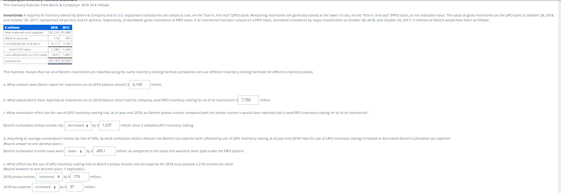 The inventory footnate from Deere & Company's 2018 10-K follows.
Inventories A majority of Inventory owned by Deere & Company and its U.S. equipment subsidiaries are valued at cost, on the "last-in, first-out" (LIFO) basis. Remaining Inventories are generally valued at the lower of cost, on the "first-in, first-out" (FIFO) basis, or net realizable value. The value of gross inventories on the LIFO basis at October 28, 2018,
and October 29, 2017, represented 54 percent and 61 percent, respectively, of worldwide gross inventories at FIFO value. If all Inventories had been valued on a FIFO basis, estimated Inventories by major classification at October 28, 2018, and October 29, 2017, in millions of dollars would have been as follows:
2018 2017
$2,233 $1,688
776
4,777 3,182
7,786 5,365
1,637 1,461
$ millions
Raw materials and supplies
Work-in-process
Finished goods and parts
Totalvelue
Less adjustment to LIFO value 1,637
Inventories
495
$6,149 $3,904
This footnote reveals that not all of Deere's Inventories are reported using the same inventory costing method (companies can use different inventory costing methods for different inventory pools).
a. What amount does Deere report for inventories on its 2018 balance sheets? $ 6,149
b. What would Deere have reported as inventories on its 2018 balance sheet had the company used FIFO Inventory costing for all of its inventories? $ 7,786
milion
Deere's cumulative pretax income has decreased by $ 1,637
c. What cumulative effect has the use of LIFO Inventory costing had, as of year-end 2018, on Deere's pretax income compared with the pretax income it would have reported had it used FIFO inventory costing for all of its inventories?
milion since it adopted LIFO inventory costing.
milion.
d. Assuming an average (cumulative) Income tax rate of 30%, by what cumulative dollars amount has Deere's tax expense been affected by use of LIFO Inventory costing as of year-end 2018? Has the use of LIFO inventory casting increased or decreased Deere's cumulative tax expense?
(Round answer to one decimal place.)
Deere's cumulative Income taxes were lower by $ 499.1
milion
million as compared to the taxes that would've been paid under the FIFO system.
e. What effect has the use of LIFO inventory costing had on Deere's pretax income and tax expense for 2018 only (assume a 21% Income tax ratej?
(Round answers to one decimal place, if applicable.)
2018 pretax income increased by 176
2018 tax expense increased by $ 37 milion.