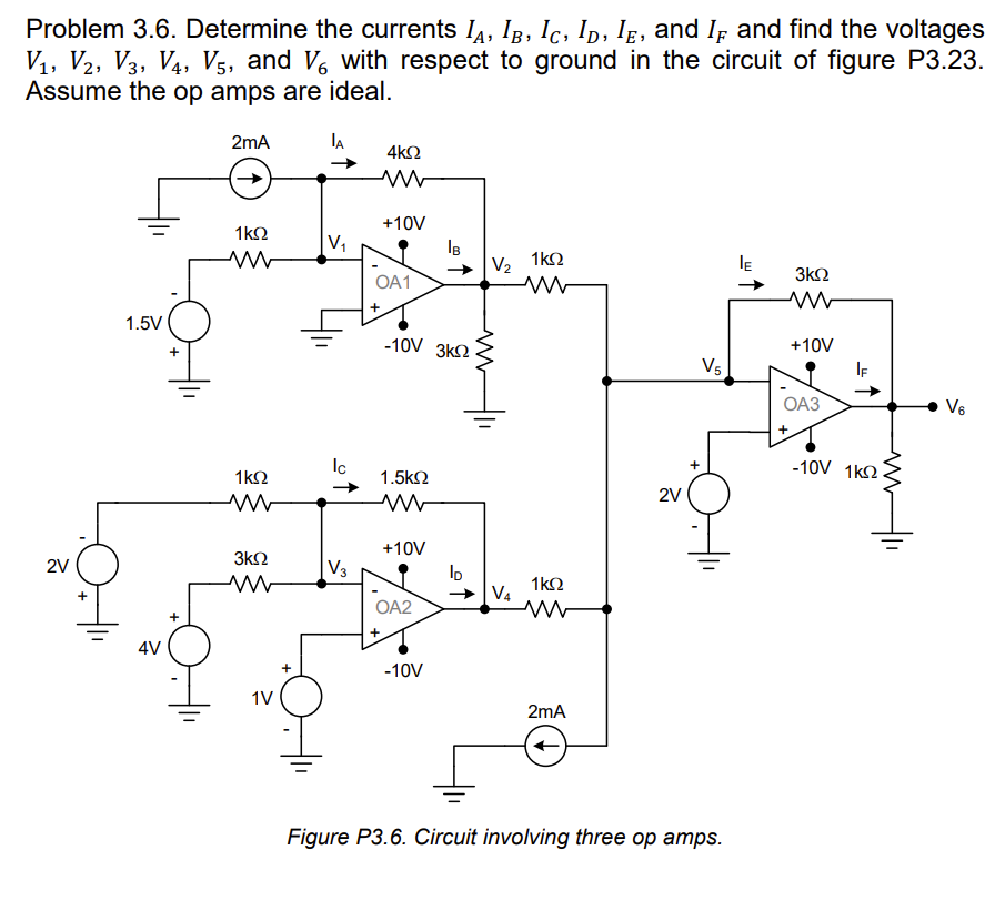 Problem 3.6. Determine the currents IA, IB, Ic, Id, IE, and IF and find the voltages
V₁, V2, V3, V₁, V5, and V with respect to ground in the circuit of figure P3.23.
Assume the op amps are ideal.
2mA
2V
1.5V
4V
+
1ΚΩ
W
1kQ
ww
3ΚΩ
www
1V
IA
V₁
Ic
ΑΚΩ
www
+10V
OA1
1.5ΚΩ
ww
-10V 3ΚΩ
+
+10V
OA2
IB
-10V
ID
V₂ 1kQ
V4
1kQ2
www
2mA
2V
V5
+
Figure P3.6. Circuit involving three op amps.
E
3ΚΩ
ww
+10V
OA3
+
IF
-10V 1KQ
ww
V6