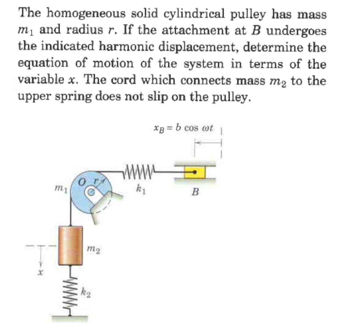 The homogeneous solid cylindrical pulley has mass
m₁ and radius r. If the attachment at B undergoes
the indicated harmonic displacement, determine the
equation of motion of the system in terms of the
variable x. The cord which connects mass m₂ to the
upper spring does not slip on the pulley.
m1
m₂
WWW
k₁
xp = b cos wt
B