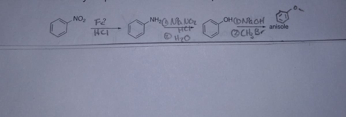 NO₂ 2
HCT
NH₂
H₂ NaNO₂
HICH
H₂O
LOHODNAOH
CH₂ B
anisole
¡