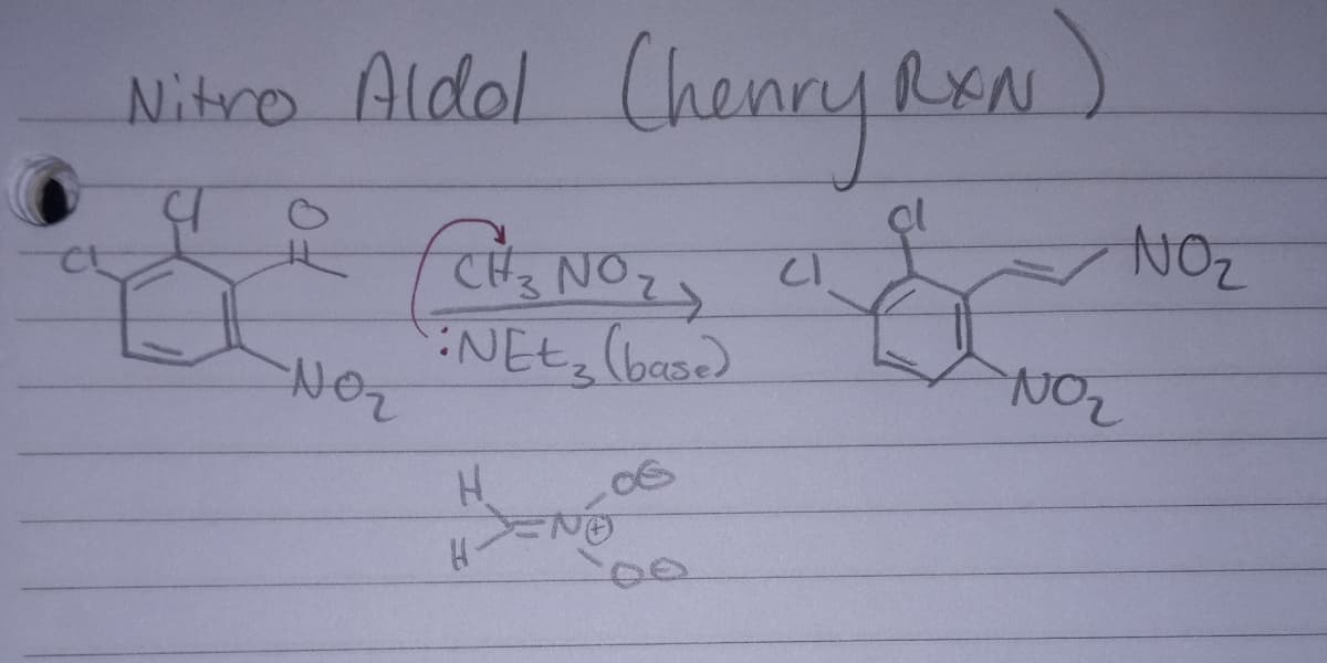 Nitro Aldol (henry RXN)
yo
E
won
CH 3 NO₂7
:NEt₂ (base)
H
NE
CI
cl
&
NO₂
NO₂