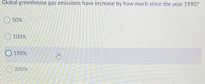 Global greenhouse gas emissions have increase by how much since the year 1990?
50%
100%
O 150%
200%
