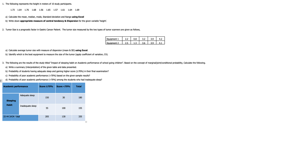 1. The following represents the height in meters of 10 study participants.
1.73
1.64
1.76
1.68
1.56
1.65
1.57
1.61
1.64
1.69
a) Calculate the mean, median, mode, Standard deviation and Range using Excel
b) Write down appropriate measure of central tendency & Dispersion for the given variable 'height'.
2. Tumor Size is a prognostic factor in Gastric Cancer Patient. The tumor size measured by the two types of tumor scanners are given as follows,
Equipment 1
2.2
0.8
3.2
3.9
4.2
Equipment 2
2.5
1.3
3.6
3.9
4.1
a) Calculate average tumor size with measure of dispersion (mean & SD) using Excel.
b) Identify which is the best equipment to measure the size of the tumor (apply coefficient of variation, CV).
3. The following are the results of the study titled "Impact of sleeping habit on Academic performance of school going children". Based on the concept of marginal/joint/conditional probability, Calculate the following.
a) Write a summary (interpretation) of the given table and data presented.
b) Probability of students having adequate sleep and gaining higher score (270%) in their final examination?
c) Probability of poor academic performance (<70%) based on the given sample results?
d) Probability of poor academic performance (<70%) among the students who had inadequate sleep?
Academic performance
Score 270%
Score <70%
Total
Adequate sleep
150
30
180
Sleeping
Habit
Inadequate sleep
55
100
155
33 44 3#34 Total
205
130
335
