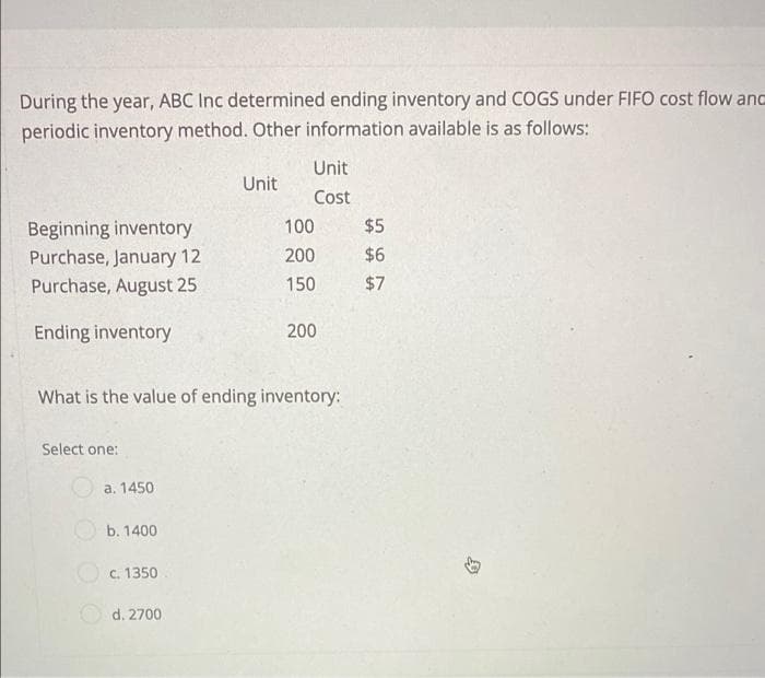 During the year, ABC Inc determined ending inventory and COGS under FIFO cost flow anc
periodic inventory method. Other information available is as follows:
Unit
Unit
Cost
Beginning inventory
Purchase, January 12
Purchase, August 25
100
$5
200
$6
150
$7
Ending inventory
200
What is the value of ending inventory:
Select one:
O a. 1450
O b. 1400
O c. 1350
O d. 2700
