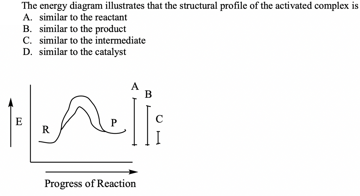 The energy diagram illustrates that the structural profile of the activated complex is
A. similar to the reactant
B. similar to the product
C. similar to the intermediate
D. similar to the catalyst
A
В
E
C
R
Progress of Reaction
