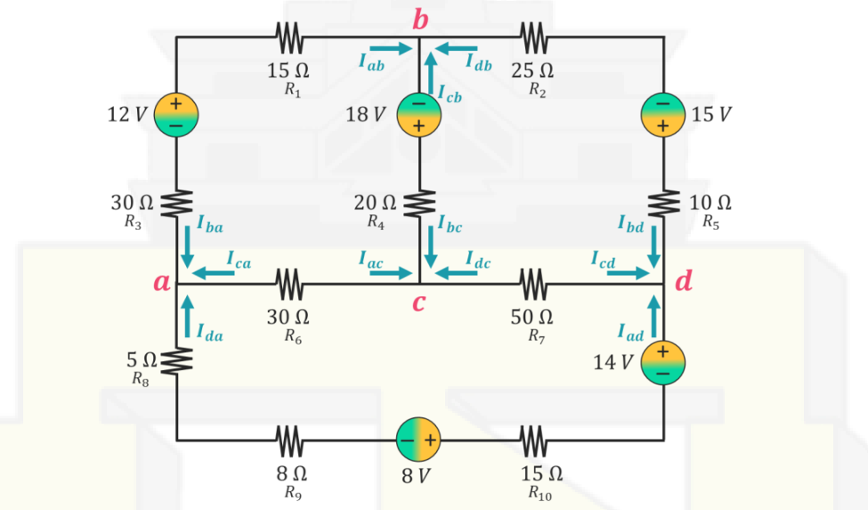 Wr
Wr
I ab 25 N
I ab
15 N
R1
Icb
R2
15 V
+
12 V
18 V
30 Ω
R3
20 Ω
R4
10 Ω
R5
I ba
I bc
I bd
Icd
d
I ca
ac
I dc
a
C
30 L
R6
50 N
R7
I ad
+
14 V
I da
5 N
Rg
+
8Ω
R9
15 N
R10
8 V
