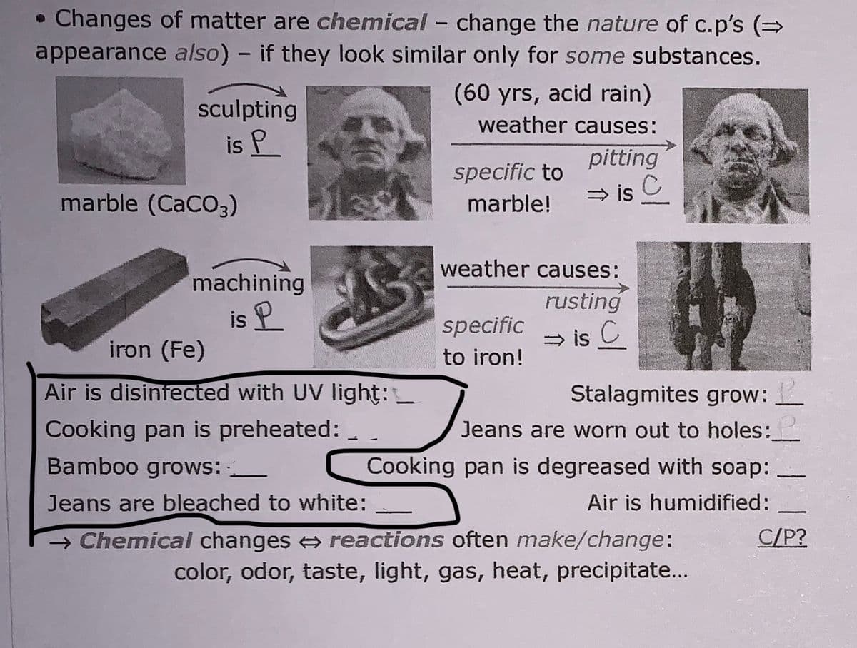 • Changes of matter are chemical - change the nature of c.p's (=
appearance also) - if they look similar only for some substances.
(60 yrs, acid rain)
sculpting
is P
weather causes:
pitting
specific to
marble (CaCO3)
> is C
marble!
weather causes:
machining
rusting
is P
iron (Fe)
specific
> is C
→ is
to iron!
Air is disinfected with UV light:
Stalagmites grow:
Cooking pan is preheated:
Jeans are worn out to holes:_
Bamboo grows: -
Cooking pan is degreased with soap:
Jeans are bleached to white:
Air is humidified:
C/P?
→ Chemical changes reactions often make/change:
color, odor, taste, light, gas, heat, precipitate...
