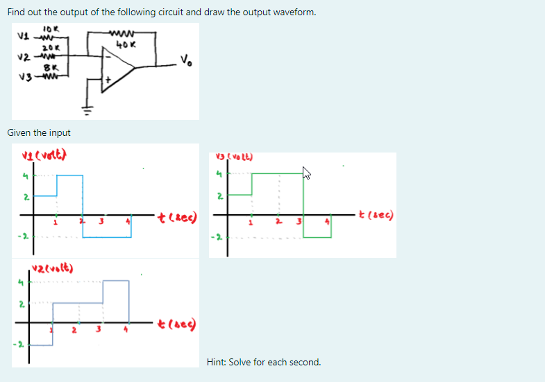 Find out the output of the following circuit and draw the output waveform.
1OK
40K
20K
v2
BK
Vo
Given the input
2.
2
teaee)
t (sec)
-2
-2.
Hint: Solve for each second.
2.
2.
