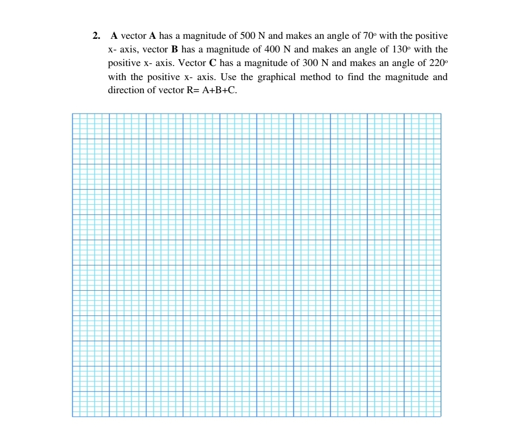 2. A vector A has a magnitude of 500 N and makes an angle of 70° with the positive
x- axis, vector B has a magnitude of 400 N and makes an angle of 130° with the
positive x- axis. Vector C has a magnitude of 300 N and makes an angle of 220°
with the positive x- axis. Use the graphical method to find the magnitude and
direction of vector R= A+B+C.
