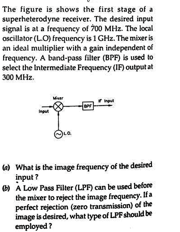 The figure is shows the first stage of a
superheterodyne receiver. The desired input
signal is at a frequency of 700 MHz. The local
oscillator (L.O) frequency is 1 GHz. The mixer is
an ideal multiplier with a gain independent of
frequency. A band-pass filter (BPF) is used to
select the Intermediate Frequency (IF) output at
300 MHz.
Input
Mixer
LO.
8PF
IF Input
(a) What is the image frequency of the desired
input?
(b) A Low Pass Filter (LPF) can be used before
the mixer to reject the image frequency. If a
perfect rejection (zero transmission) of the
image is desired, what type of LPF should be
employed?