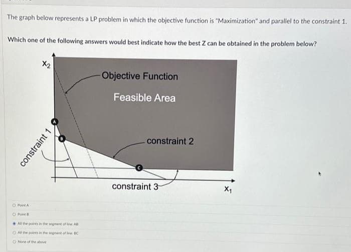 The graph below represents a LP problem in which the objective function is "Maximization" and parallel to the constraint 1.
Which one of the following answers would best indicate how the best Z can be obtained in the problem below?
O Point A
Ⓒint
X2
constraint
All the points in the segment of line AB
O All the points in the segment of line DC
O None of the above
Objective Function
Feasible Area
constraint 2
constraint 3
X₁