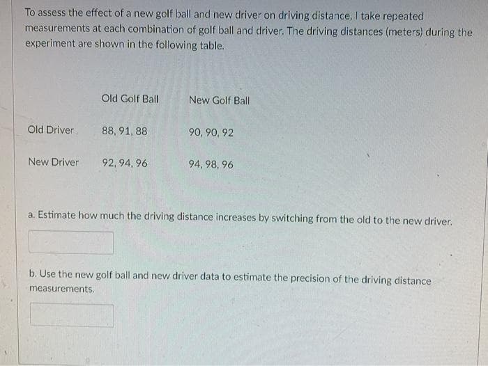 To assess the effect of a new golf ball and new driver on driving distance, I take repeated
measurements at each combination of golf ball and driver. The driving distances (meters) during the
experiment are shown in the following table.
Old Golf Ball
New Golf Ball
Old Driver.
88, 91, 88
90, 90, 92
New Driver
92, 94, 96
94, 98, 96
a. Estimate how much the driving distance increases by switching from the old to the new driver.
b. Use the new golf ball and new driver data to estimate the precision of the driving distance
measurements.
