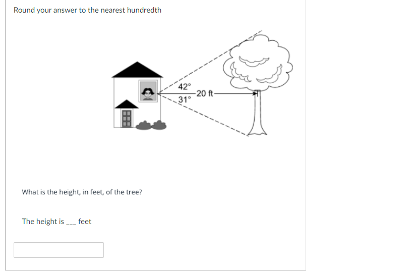 Round your answer to the nearest hundredth
-20 ft-
31°
What is the height, in feet, of the tree?
The height is feet
