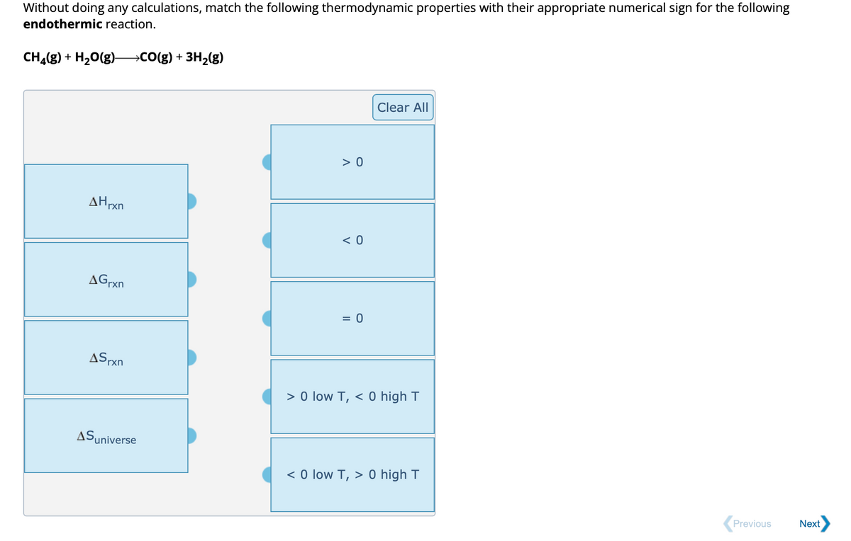 Without doing any calculations, match the following thermodynamic properties with their appropriate numerical sign for the following
endothermic reaction.
CH4(g) + H₂O(g)—CO(g) + 3H₂(g)
Hrxn
Grxn
ASrxn
Suniverse
> 0
<0
= 0
Clear All
> 0 low T, < 0 high T
< 0 low T, > 0 high T
Previous
Next